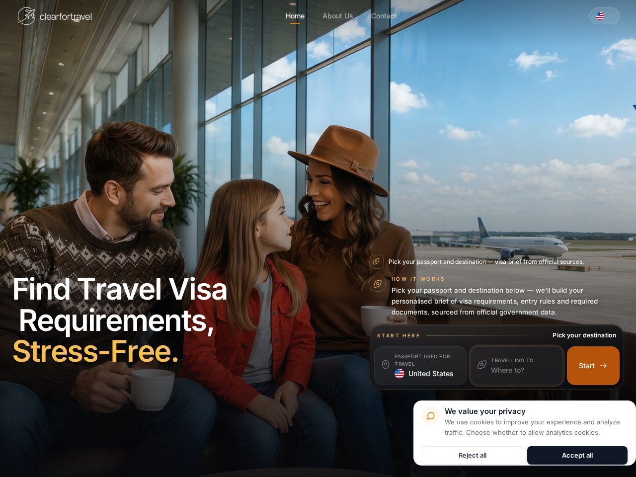 ClearForTravel landing page — personalised travel visa requirement briefs