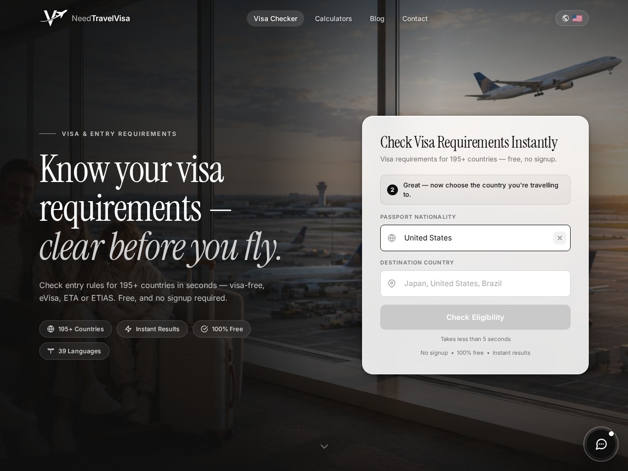 NeedTravelVisa landing page — check visa requirements for 195+ countries